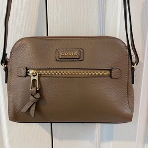 Lodis Taupe Pebbled Leather Crossbody Bag with Gold Hardware